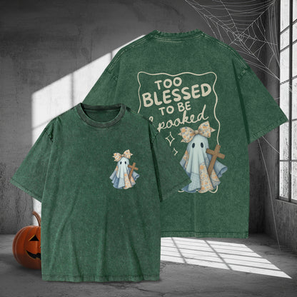 Too Blessed To Be Spooked Christian Halloween Washed 100% Cotton Two Sides T-Shirt Faith Over Fear Tee