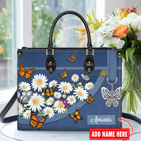 Stunning Daisy And Butterfly - Personalized Leather Handbag with Your Name - J22