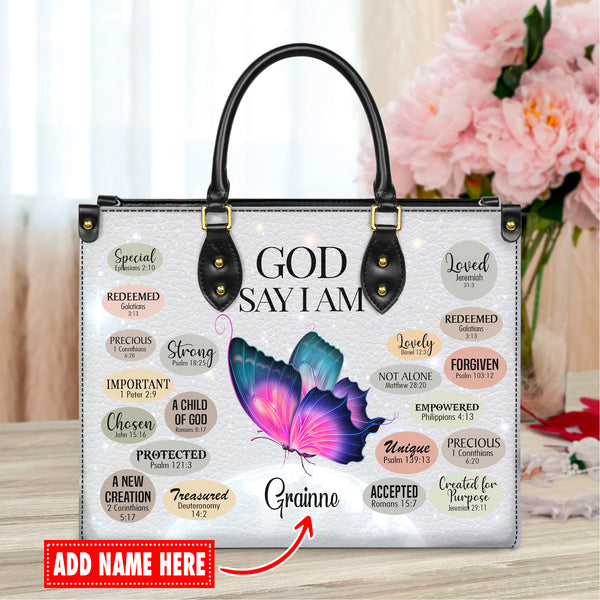 Blue Butterfly God Says I Am - Personalized Leather Handbag with Your Name - J23