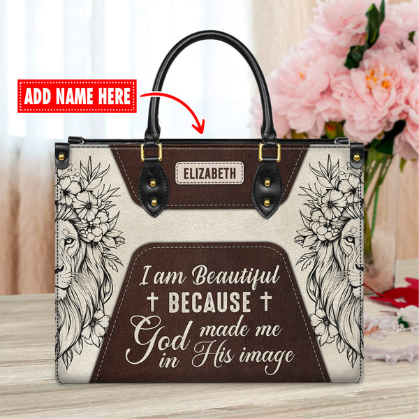 Christianartbag Handbag, I Am Beautiful Because God Made Me In His Image - Personalized Leather Handbag with Your Name - T8-13