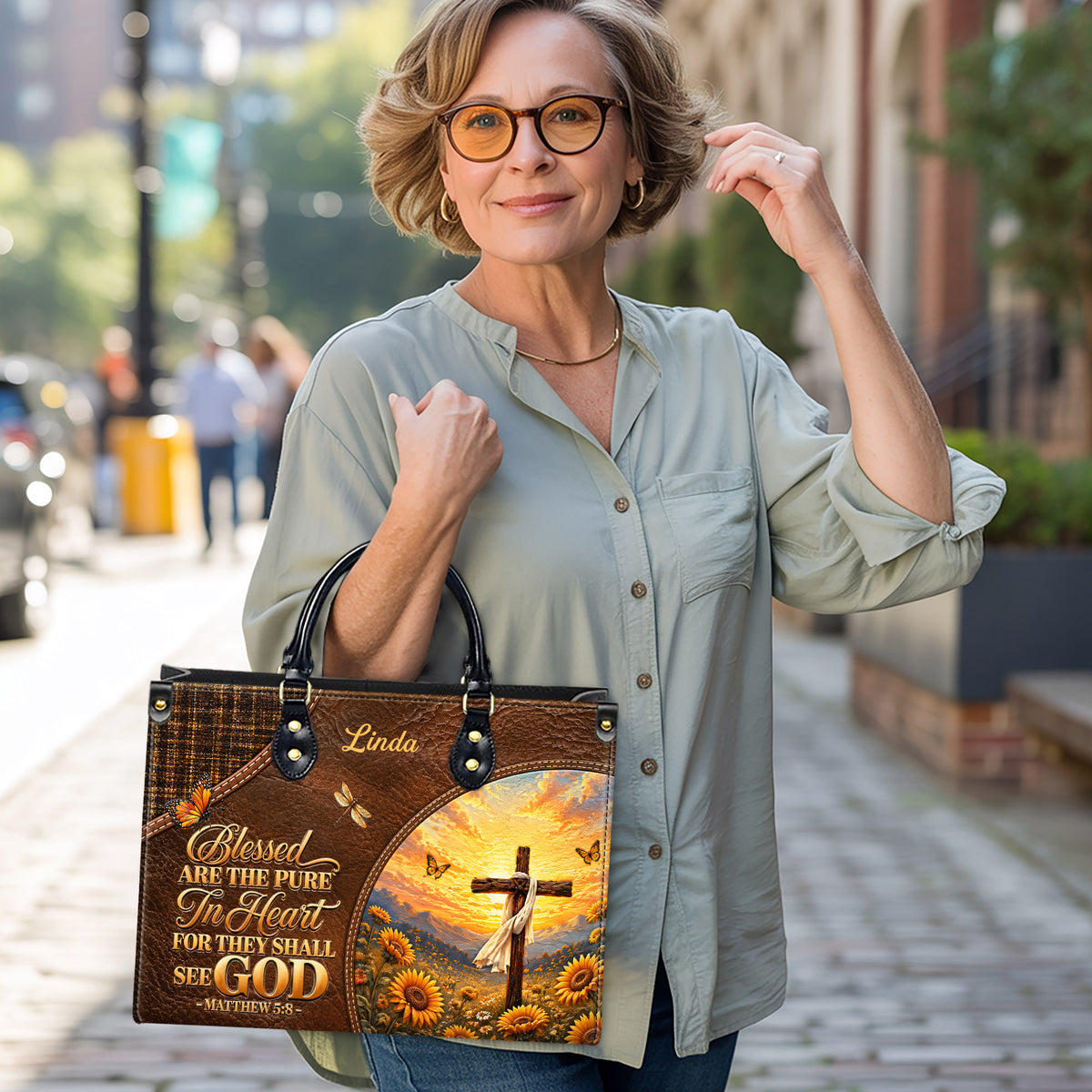 Personalized Blessed Pure In Heart Christian Handbag – Twill Faux Leather & PU Leather
