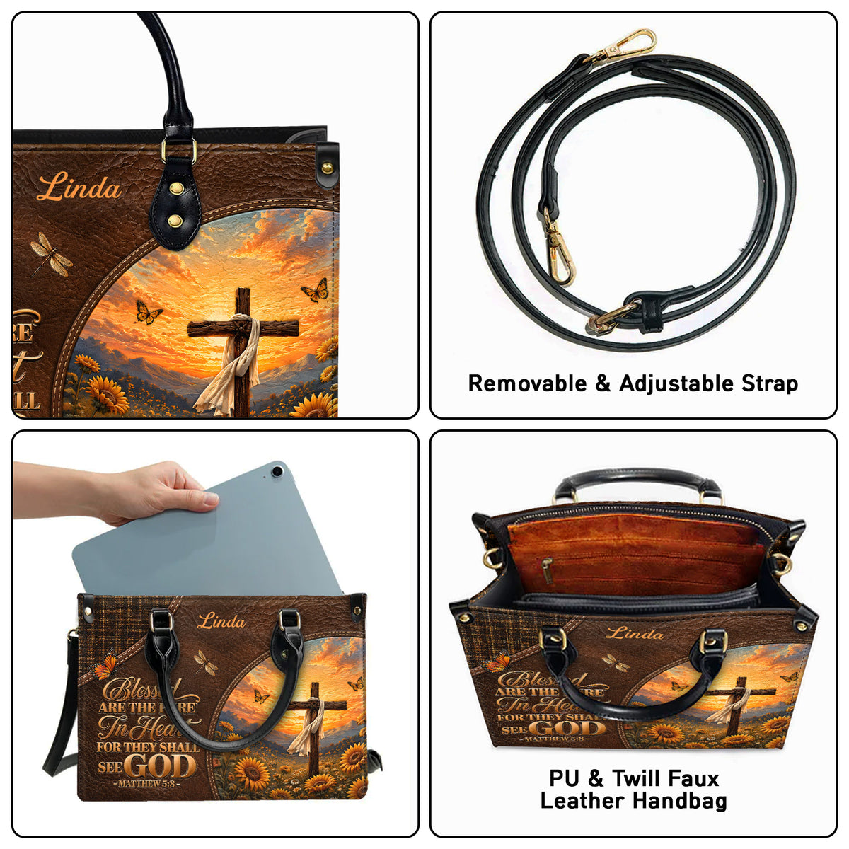 Personalized Blessed Pure In Heart Christian Handbag – Twill Faux Leather & PU Leather