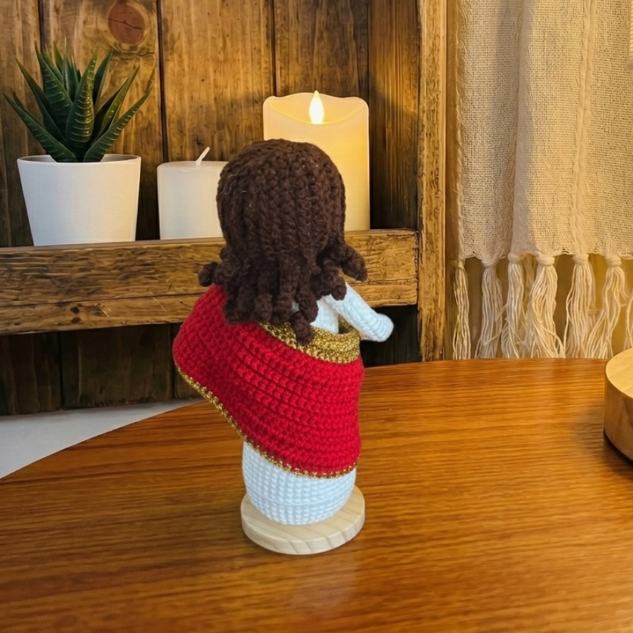 Handmade Crochet Virgin Mary Statue with Crown & Sacred Heart of Jesus Statue(include Wooden Base)
