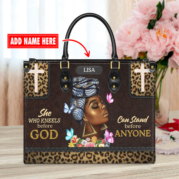 She Who Kneels Before God Can Stand Before Anyone - Personalized Leather Handbag with Your Name - LEB2