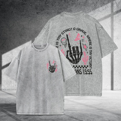 Where Is Thy Sting O Grave Christian Victory Washed 100% Cotton Two Sides T-Shirt 1 Corinthians 15:55 Faith Tee