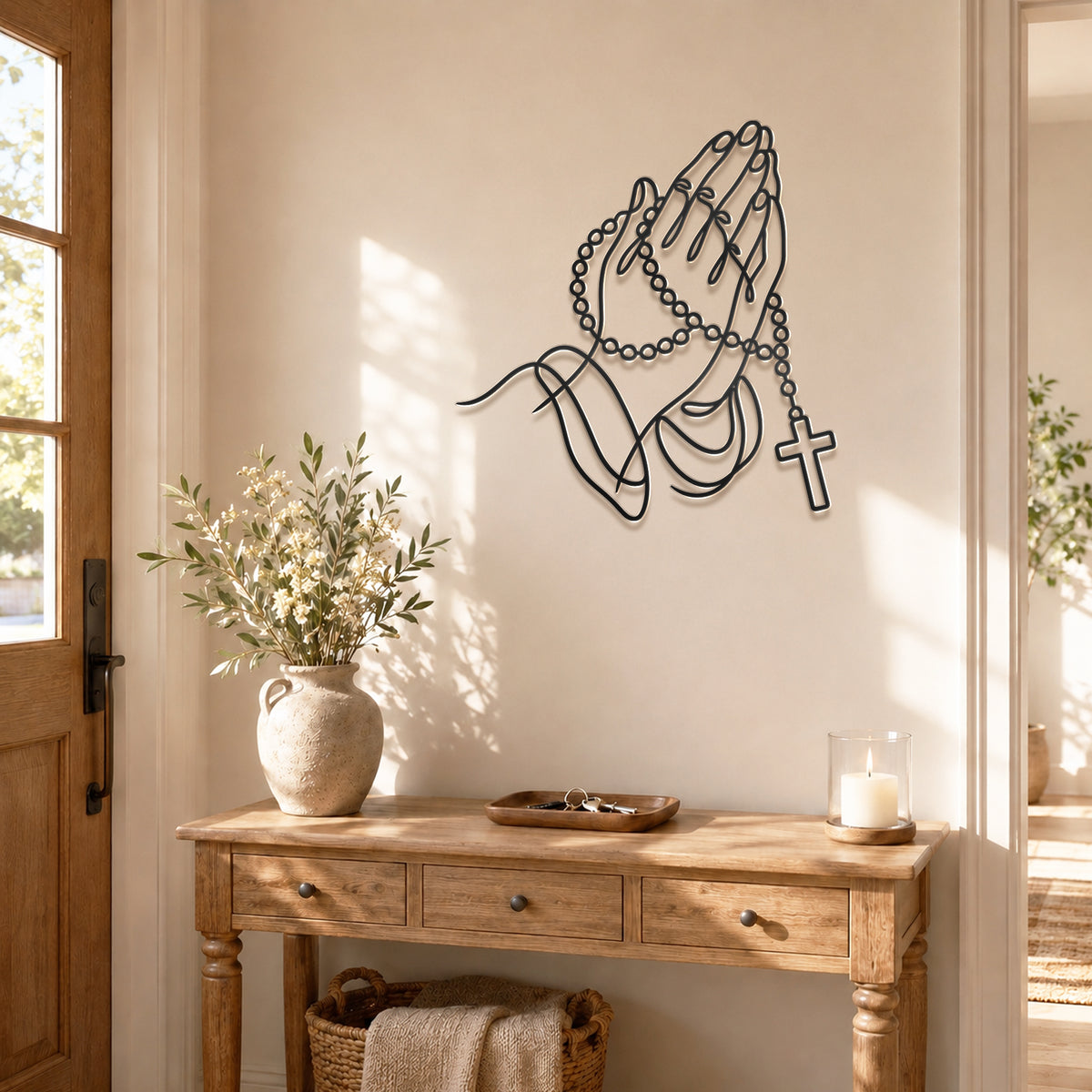 Rosary Prayer Hands Wall Sculpture for Christian Home Decor