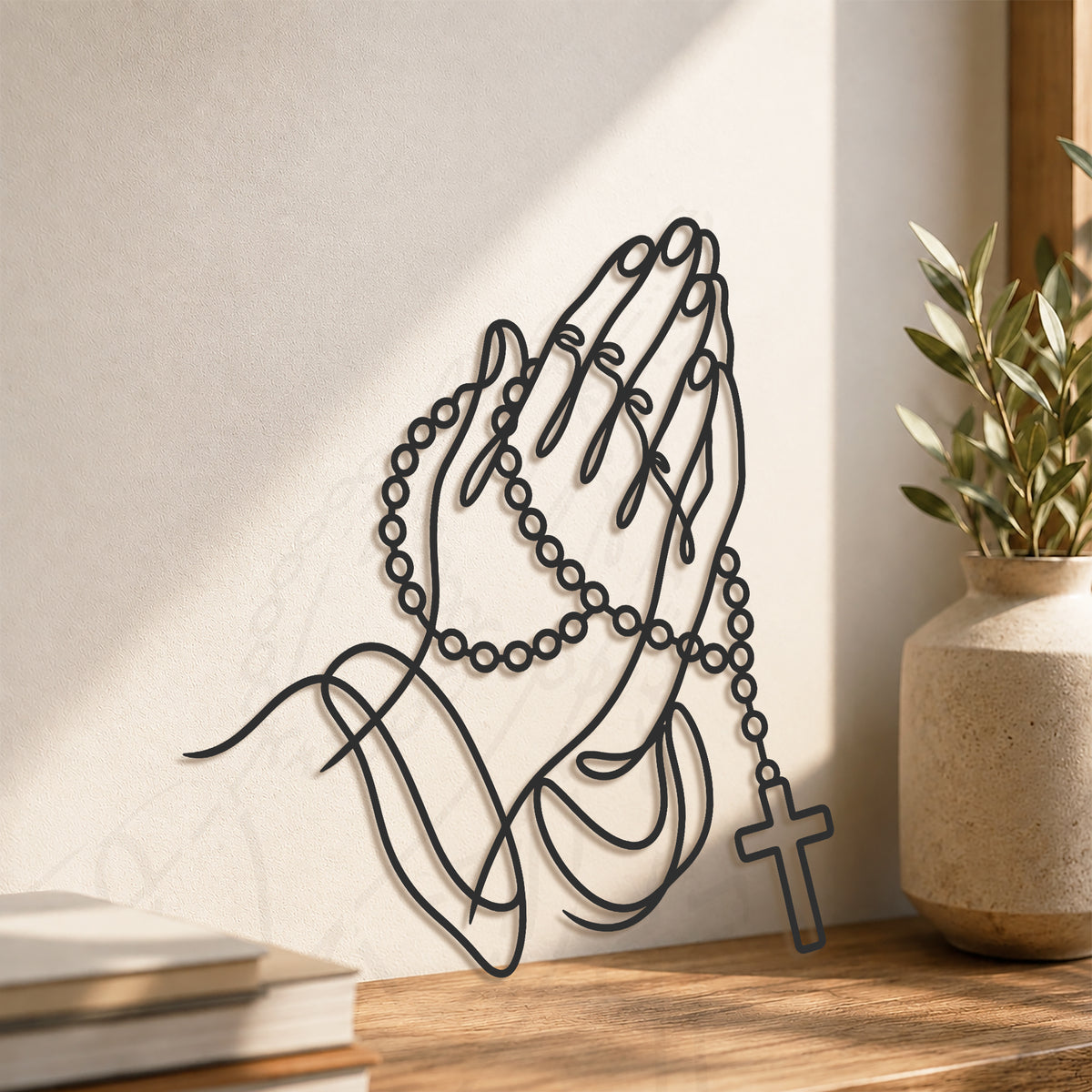 Rosary Prayer Hands Wall Sculpture for Christian Home Decor