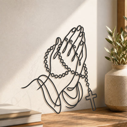 Rosary Prayer Hands Wall Sculpture for Christian Home Decor