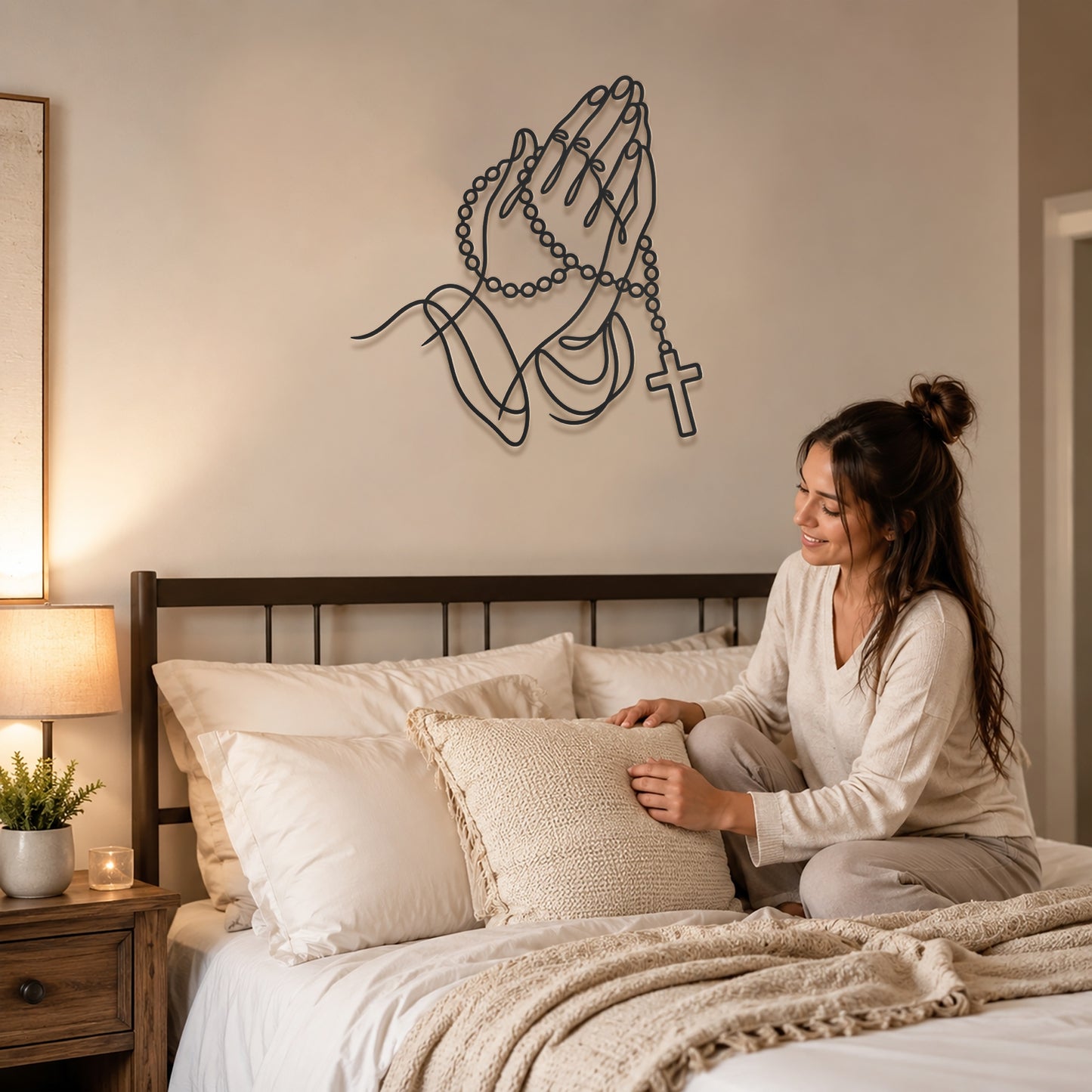 Rosary Prayer Hands Wall Sculpture for Christian Home Decor