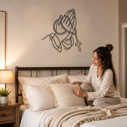 Rosary Prayer Hands Wall Sculpture for Christian Home Decor