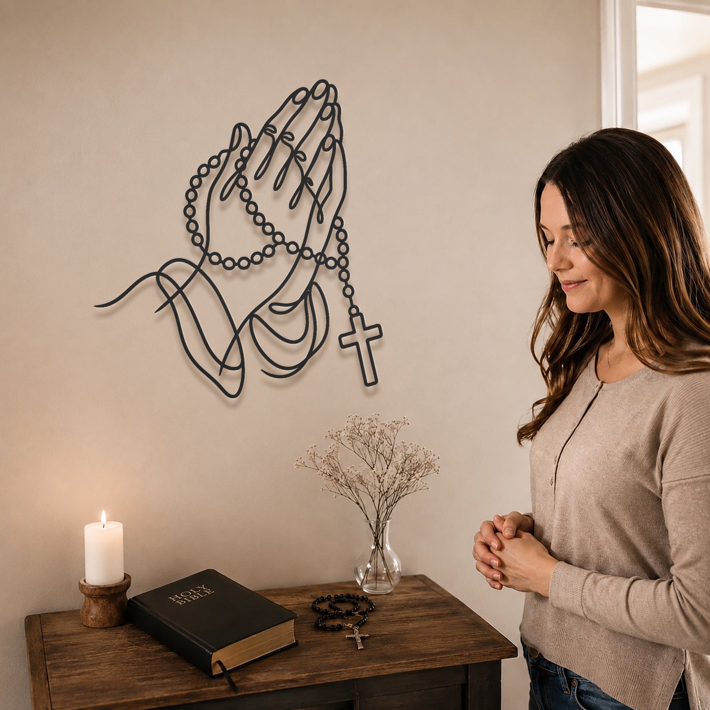 Rosary Prayer Hands Wall Sculpture for Christian Home Decor