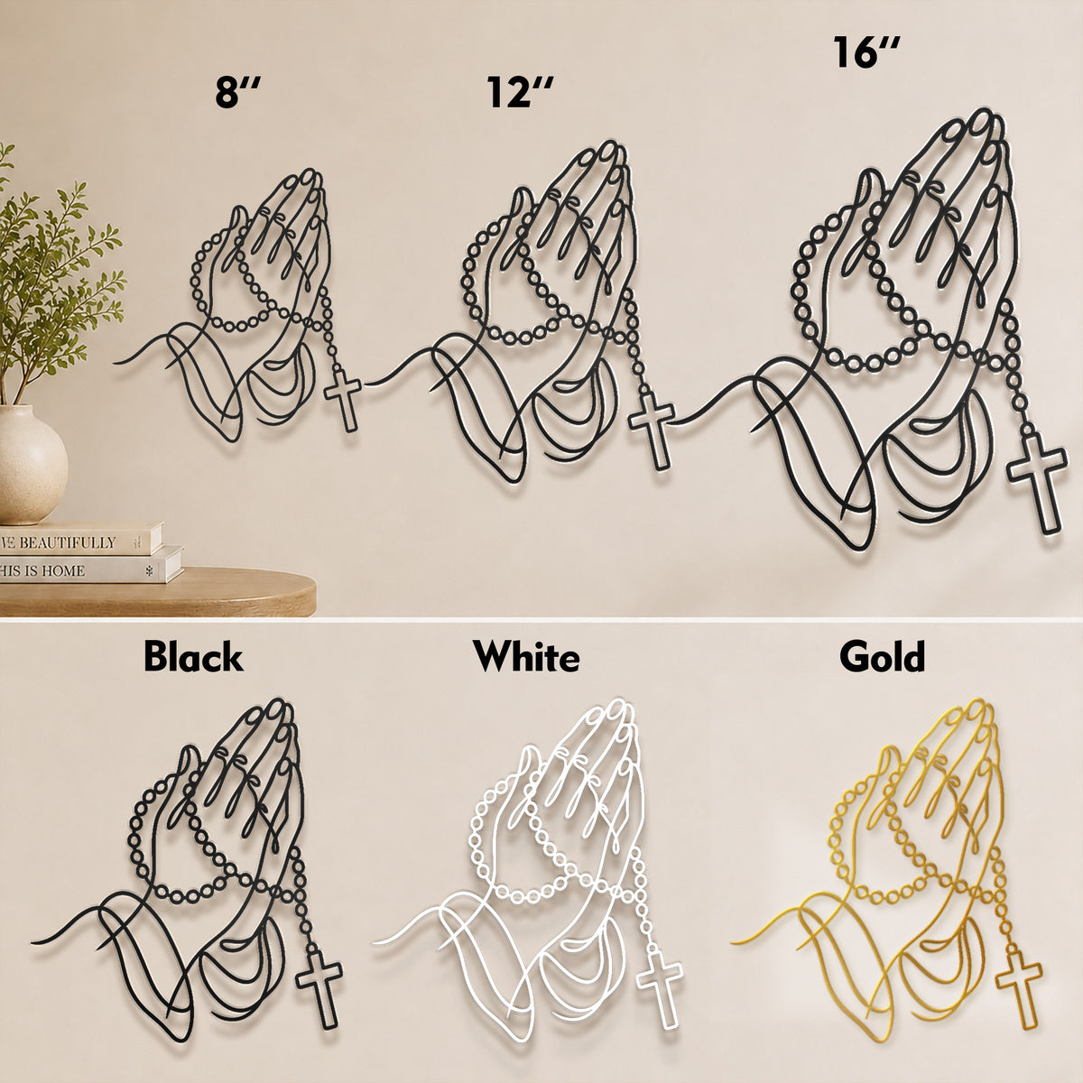 Rosary Prayer Hands Wall Sculpture for Christian Home Decor