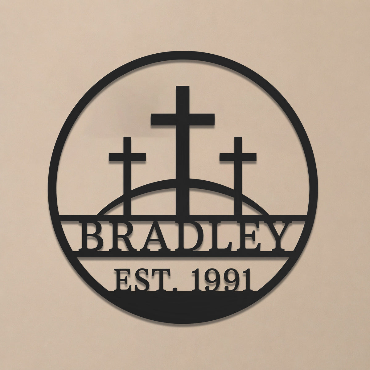 Personalized Custom Three Crosses On Hill Metal Wall Art Sign Calvary Christian Monogram Plaque Rustic Religious Church Home Decor Gift