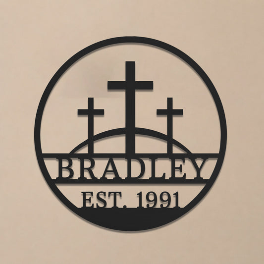 Personalized Custom Three Crosses On Hill Metal Wall Art Sign Calvary Christian Monogram Plaque Rustic Religious Church Home Decor Gift