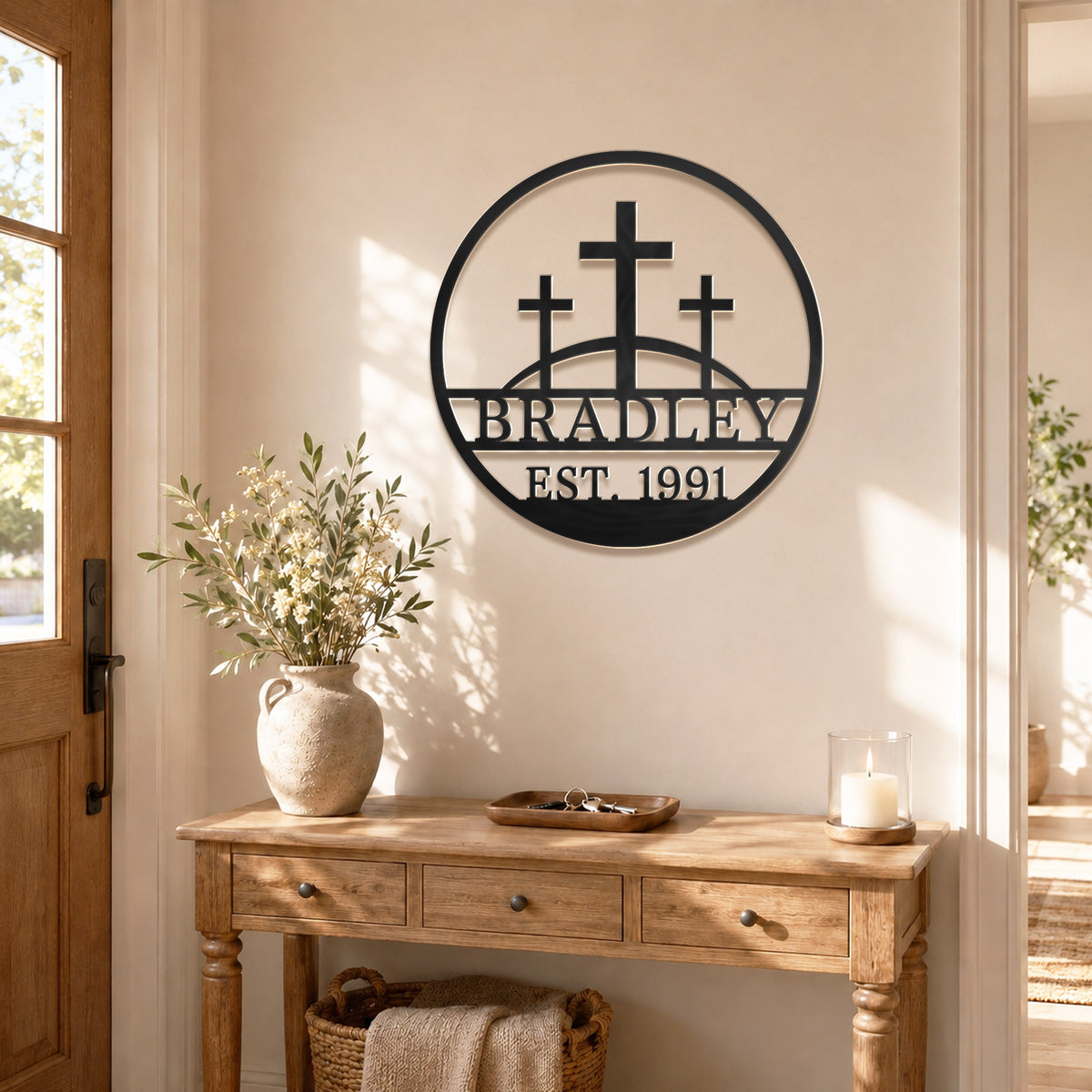 Personalized Custom Three Crosses On Hill Metal Wall Art Sign Calvary Christian Monogram Plaque Rustic Religious Church Home Decor Gift
