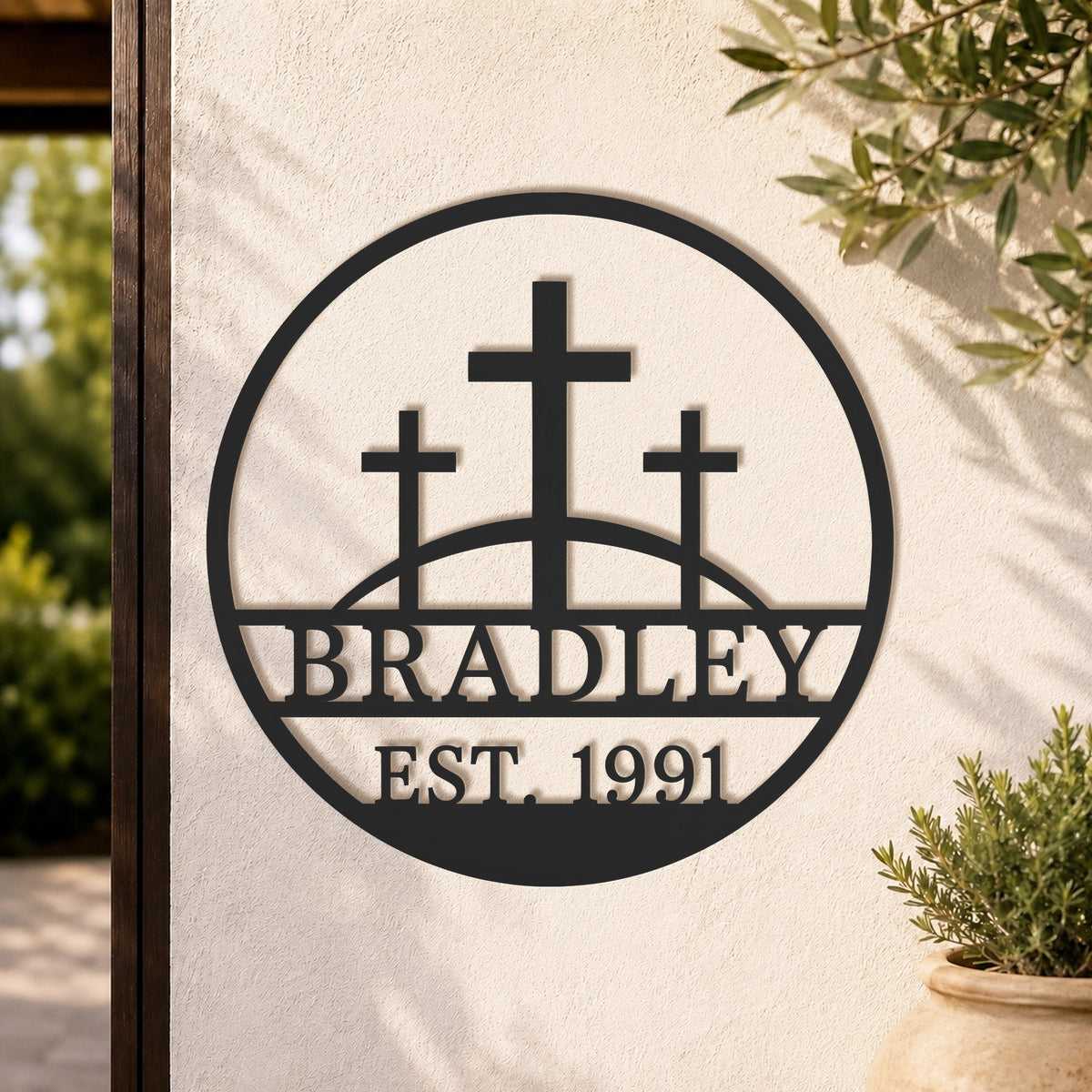 Personalized Custom Three Crosses On Hill Metal Wall Art Sign Calvary Christian Monogram Plaque Rustic Religious Church Home Decor Gift