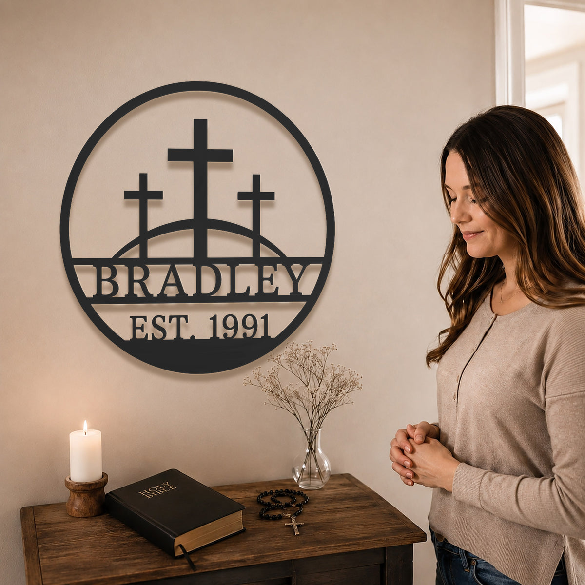 Personalized Custom Three Crosses On Hill Metal Wall Art Sign Calvary Christian Monogram Plaque Rustic Religious Church Home Decor Gift
