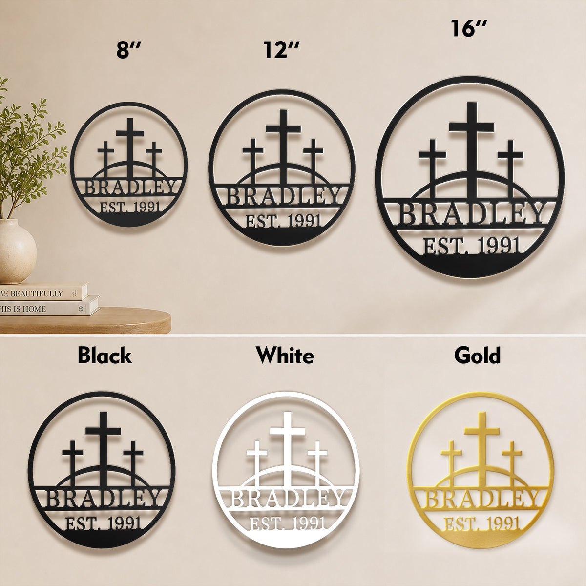 Personalized Custom Three Crosses On Hill Metal Wall Art Sign Calvary Christian Monogram Plaque Rustic Religious Church Home Decor Gift