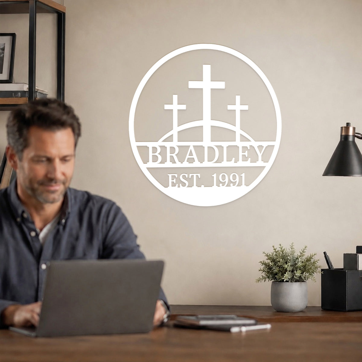 Personalized Custom Three Crosses On Hill Metal Wall Art Sign Calvary Christian Monogram Plaque Rustic Religious Church Home Decor Gift