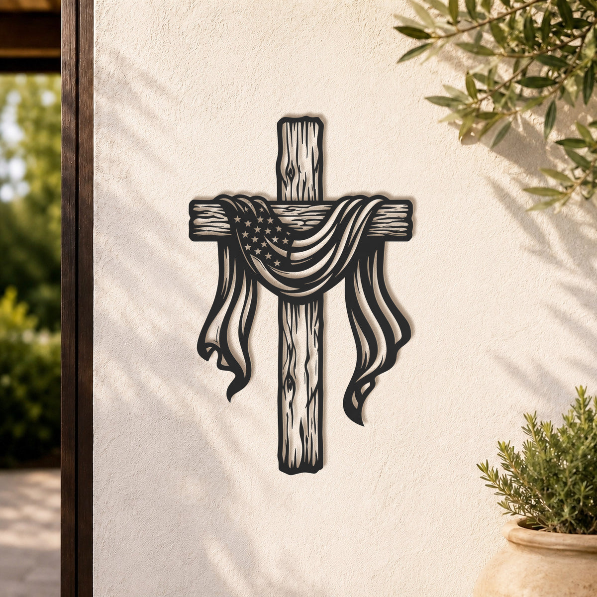 American Flag Draped Cross Metal Wall Art – Christian Religious Home Decor