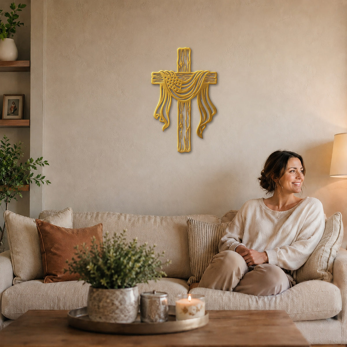 American Flag Draped Cross Metal Wall Art – Christian Religious Home Decor
