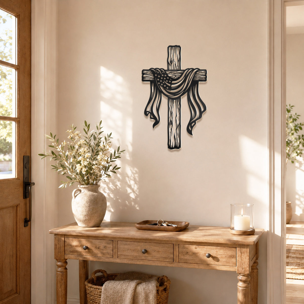American Flag Draped Cross Metal Wall Art – Christian Religious Home Decor
