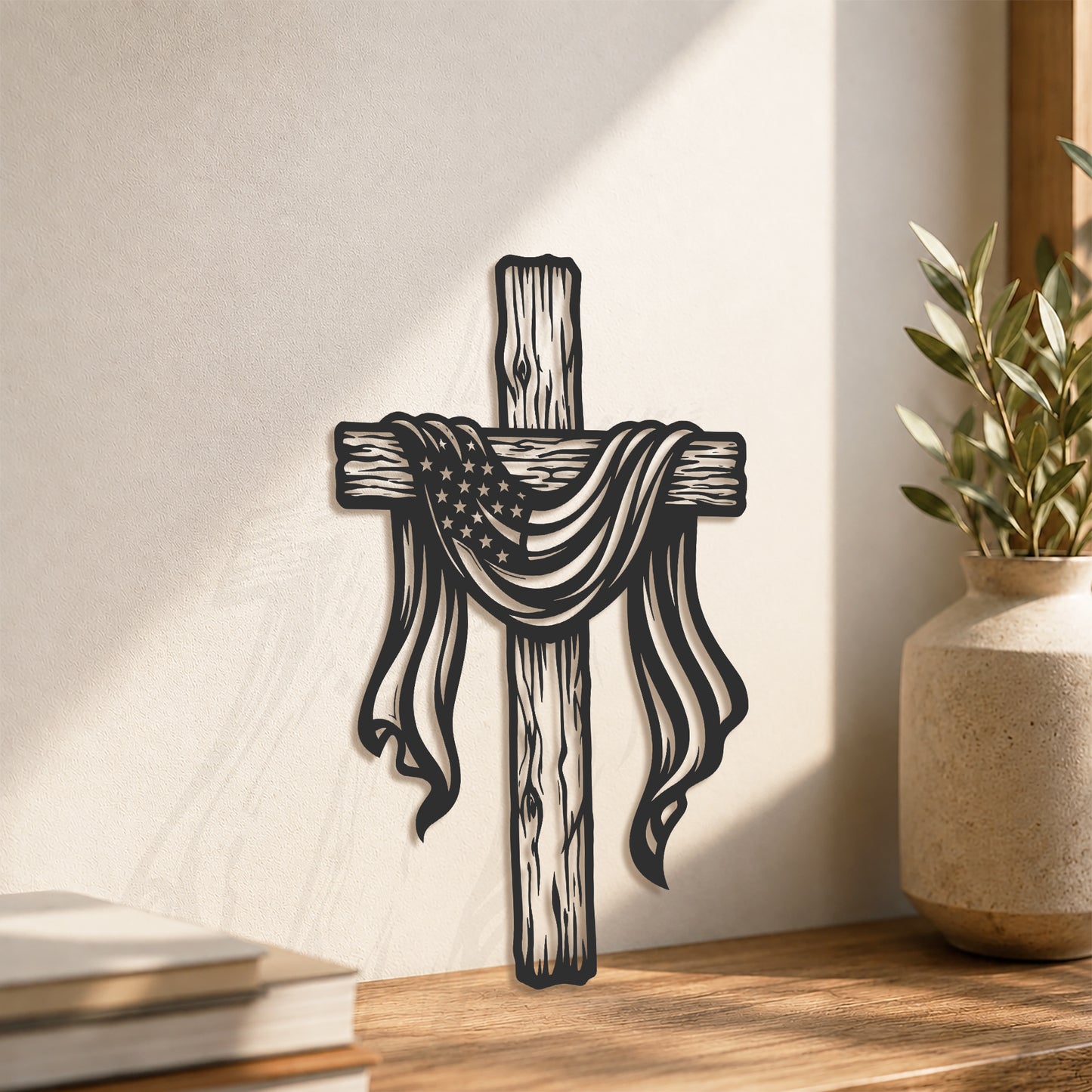 American Flag Draped Cross Metal Wall Art – Christian Religious Home Decor