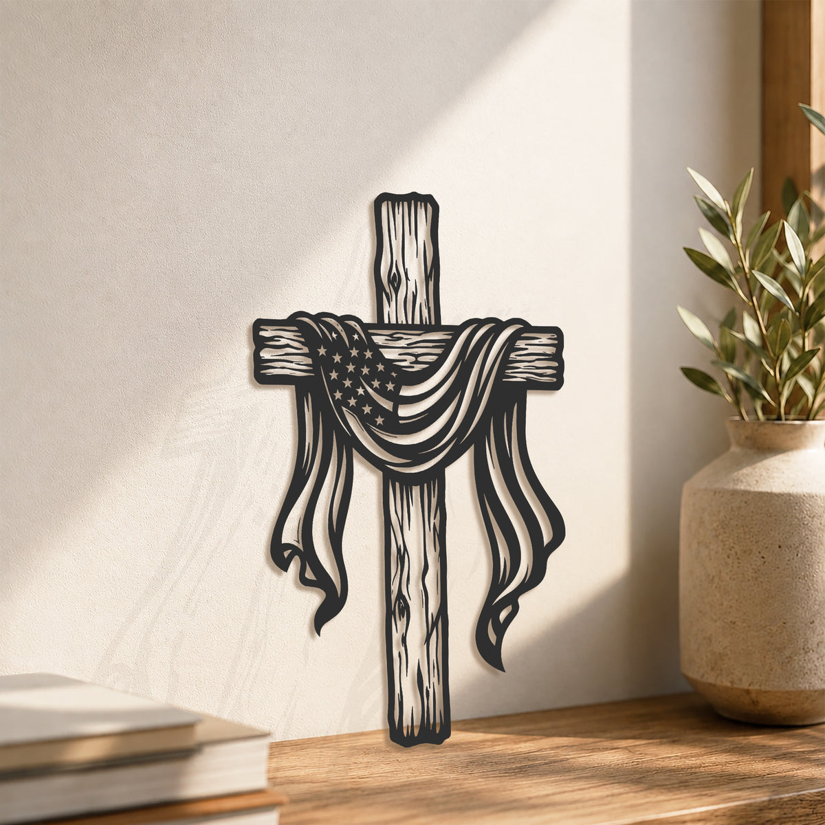 American Flag Draped Cross Metal Wall Art – Christian Religious Home Decor