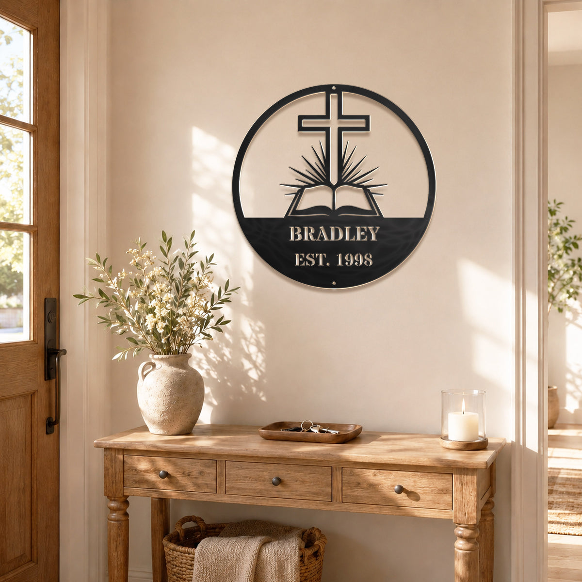 Personalized Custom Cross and Bible Metal Wall Art Sign – Christian Family Name Monogram Plaque Rustic Religious Home Decor Gift