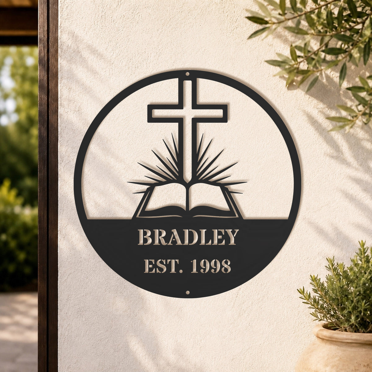 Personalized Custom Cross and Bible Metal Wall Art Sign – Christian Family Name Monogram Plaque Rustic Religious Home Decor Gift
