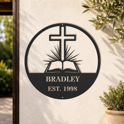 Personalized Custom Cross and Bible Metal Wall Art Sign – Christian Family Name Monogram Plaque Rustic Religious Home Decor Gift