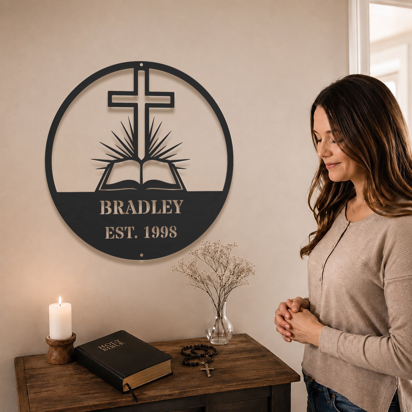 Personalized Custom Cross and Bible Metal Wall Art Sign – Christian Family Name Monogram Plaque Rustic Religious Home Decor Gift