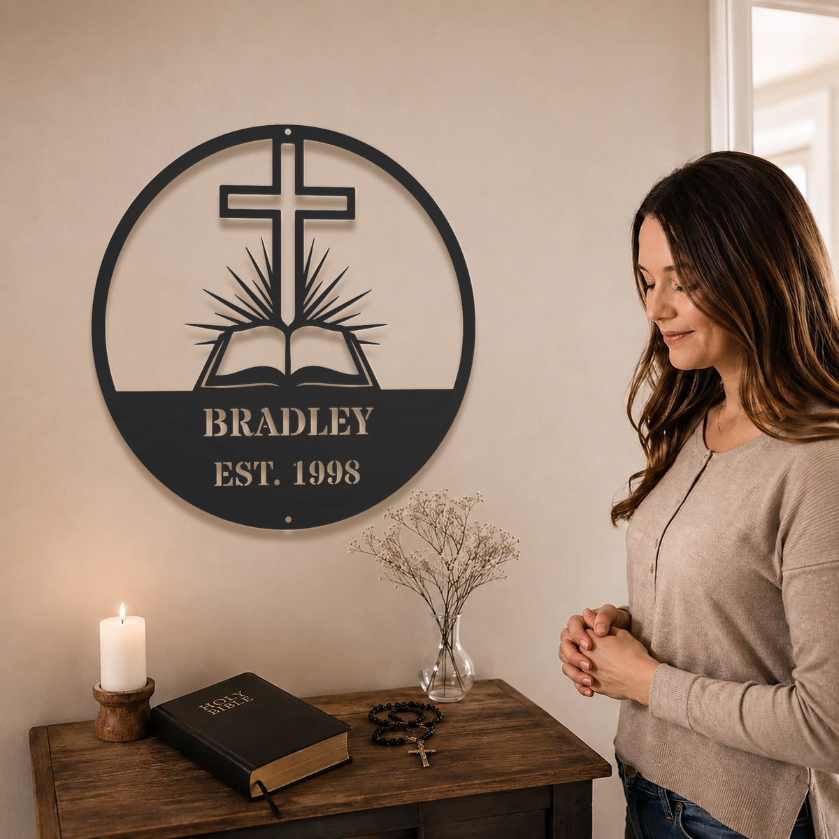 Personalized Custom Cross and Bible Metal Wall Art Sign – Christian Family Name Monogram Plaque Rustic Religious Home Decor Gift