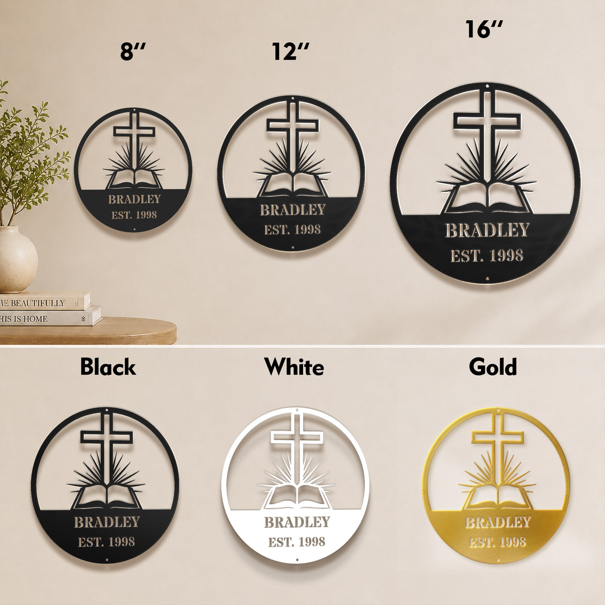 Personalized Custom Cross and Bible Metal Wall Art Sign – Christian Family Name Monogram Plaque Rustic Religious Home Decor Gift