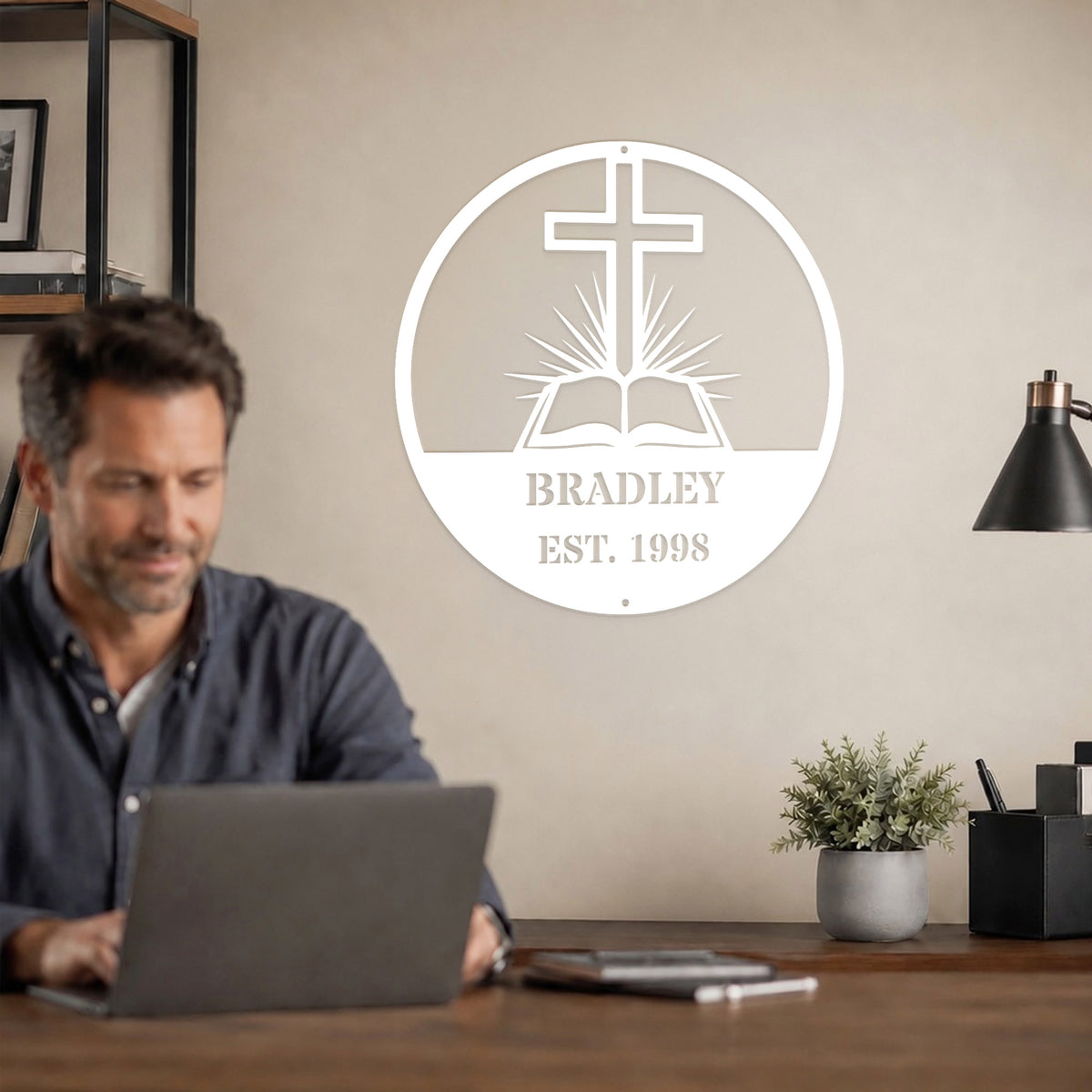 Personalized Custom Cross and Bible Metal Wall Art Sign – Christian Family Name Monogram Plaque Rustic Religious Home Decor Gift