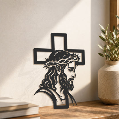 Jesus with Crown of Thorns Cross Metal Wall Art – Christian Religious Home Decor