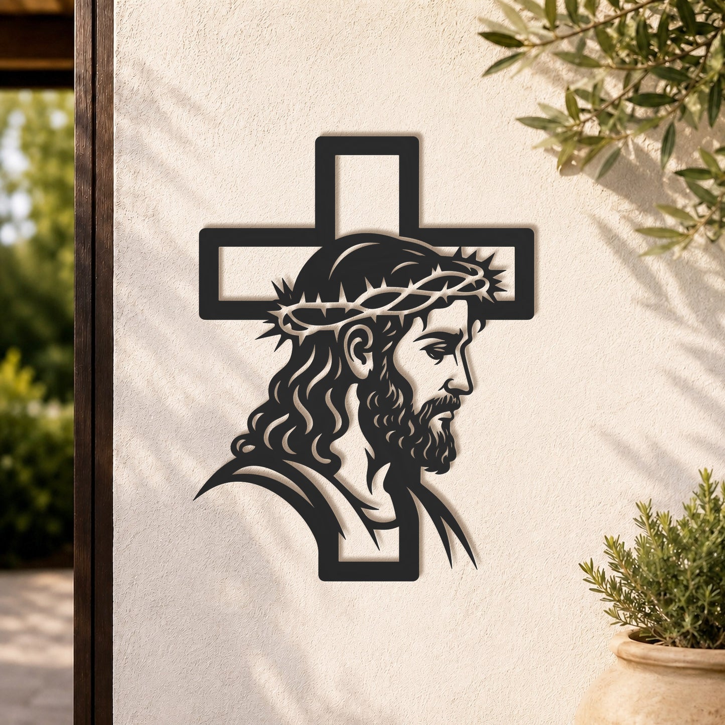 Jesus with Crown of Thorns Cross Metal Wall Art – Christian Religious Home Decor
