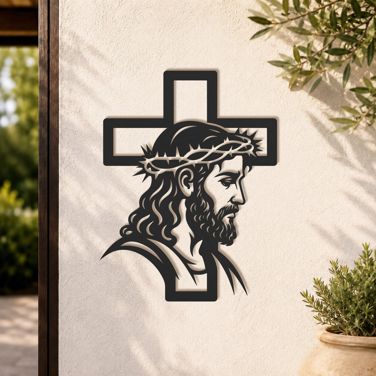 Jesus with Crown of Thorns Cross Metal Wall Art – Christian Religious Home Decor