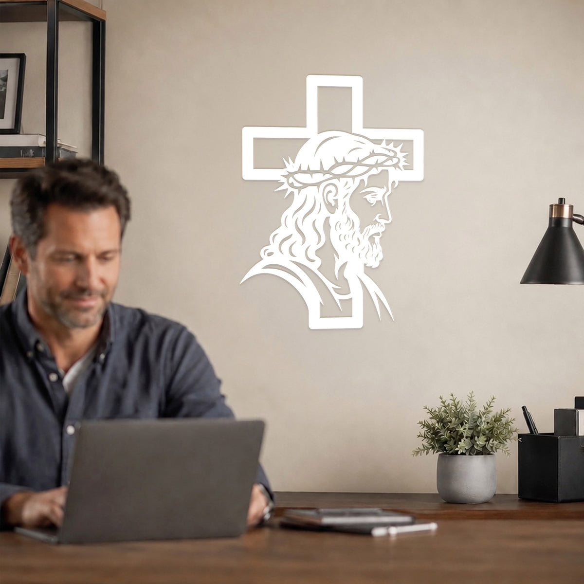 Jesus with Crown of Thorns Cross Metal Wall Art – Christian Religious Home Decor