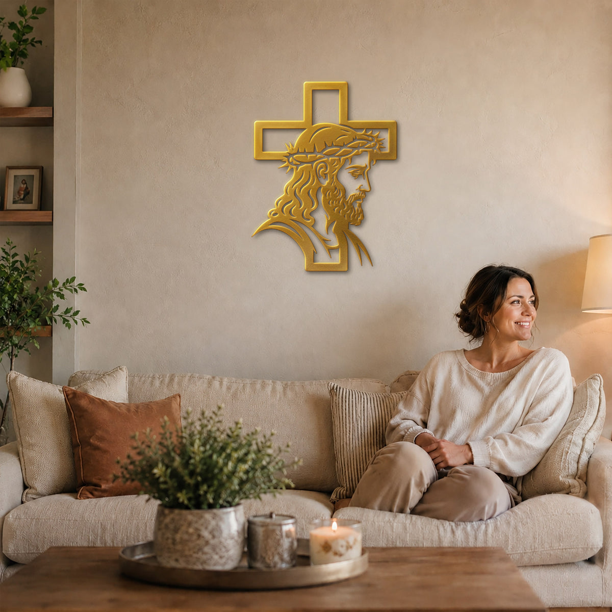 Jesus with Crown of Thorns Cross Metal Wall Art – Christian Religious Home Decor