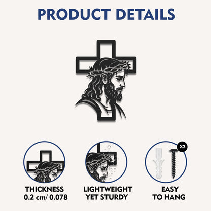 Jesus with Crown of Thorns Cross Metal Wall Art – Christian Religious Home Decor