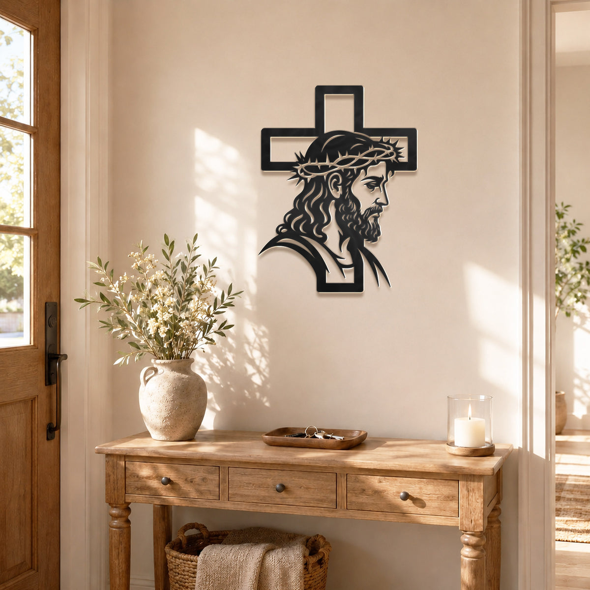 Jesus with Crown of Thorns Cross Metal Wall Art – Christian Religious Home Decor