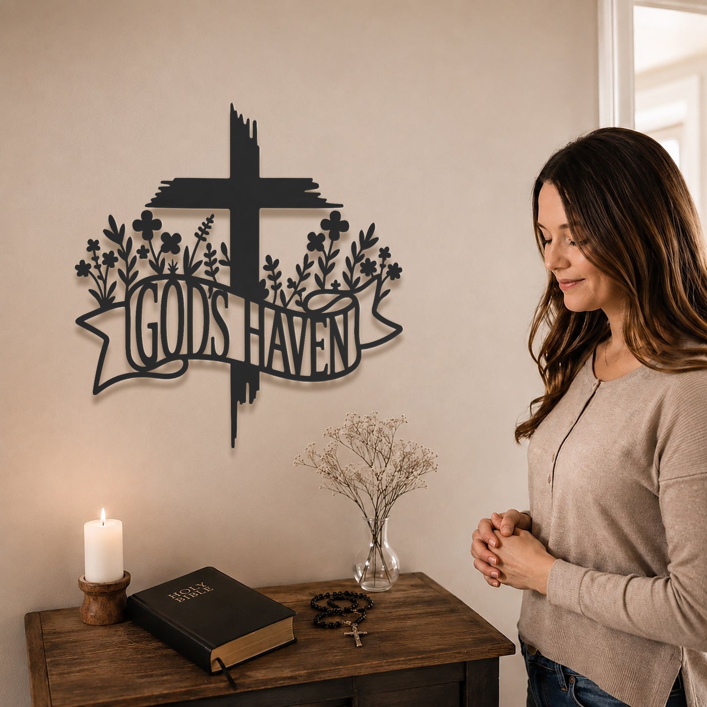 Jesus With Cross Metal Wall Art God Is Heaven Christian Religious Home Decor Sign