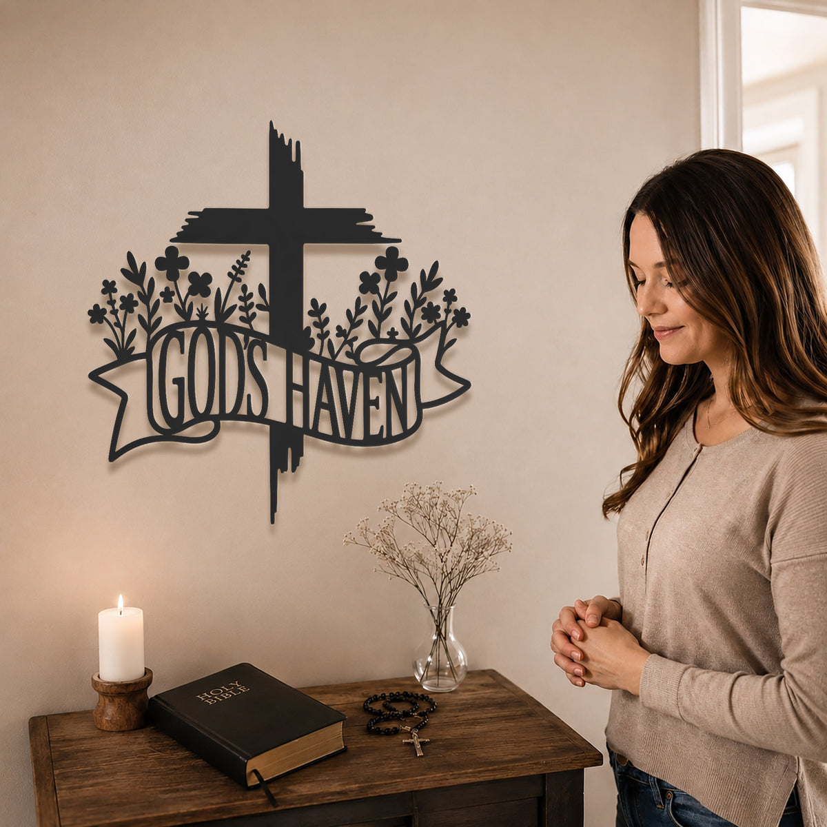 Jesus With Cross Metal Wall Art God Is Heaven Christian Religious Home Decor Sign