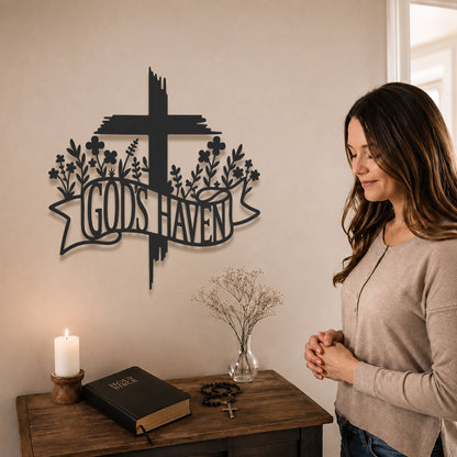 Jesus With Cross Metal Wall Art God Is Heaven Christian Religious Home Decor Sign