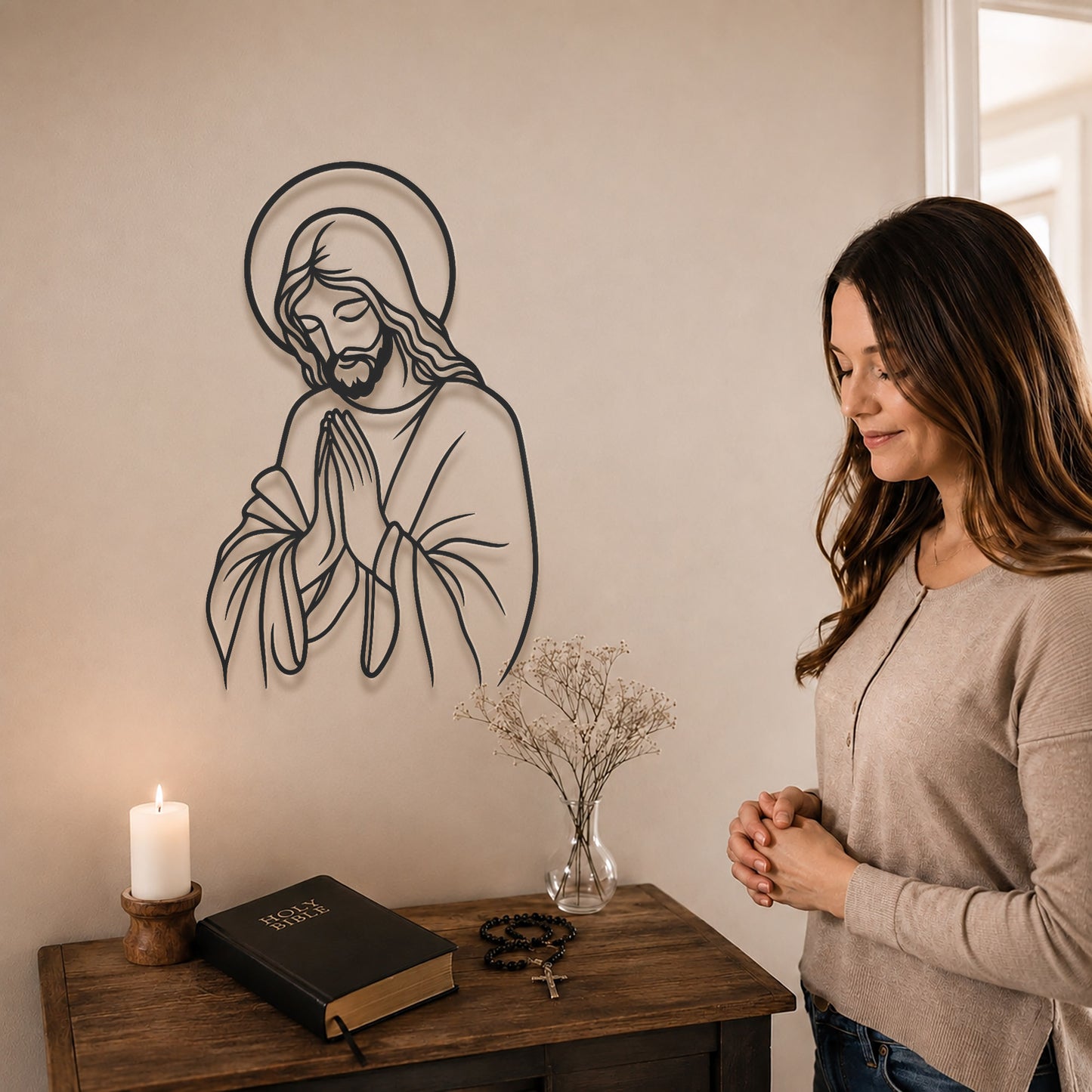 Praying Jesus Line Art Wall Decor Christian Minimalist Religious Home Decoration