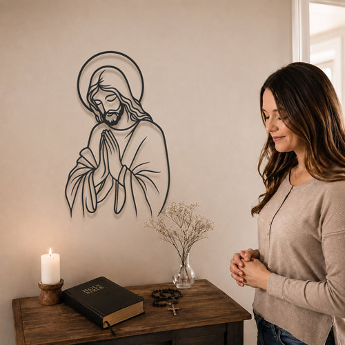Praying Jesus Line Art Wall Decor Christian Minimalist Religious Home Decoration