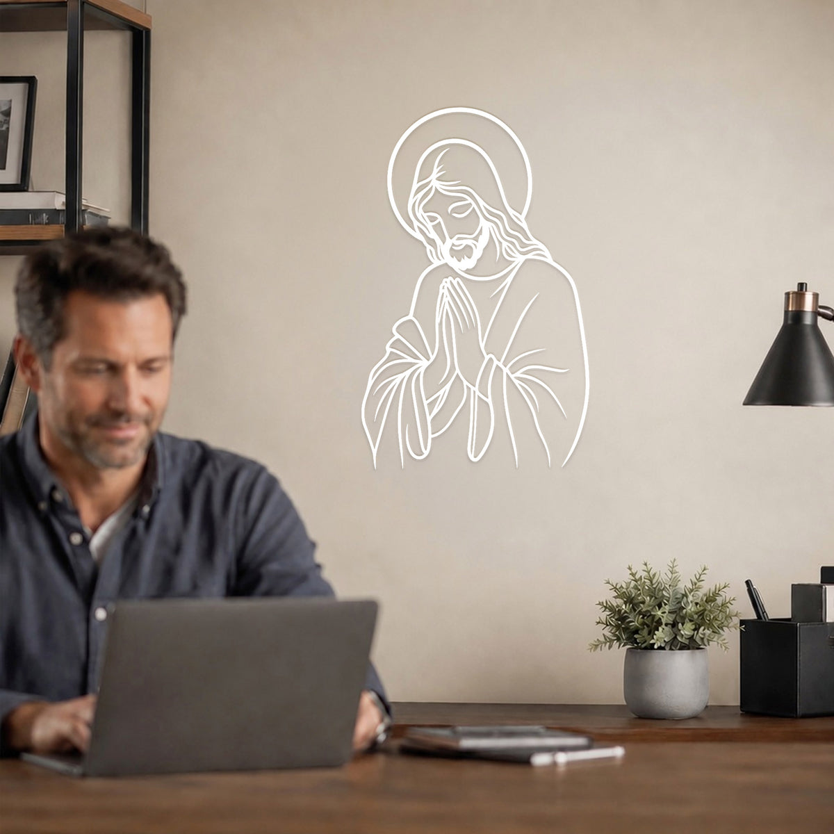 Praying Jesus Line Art Wall Decor Christian Minimalist Religious Home Decoration