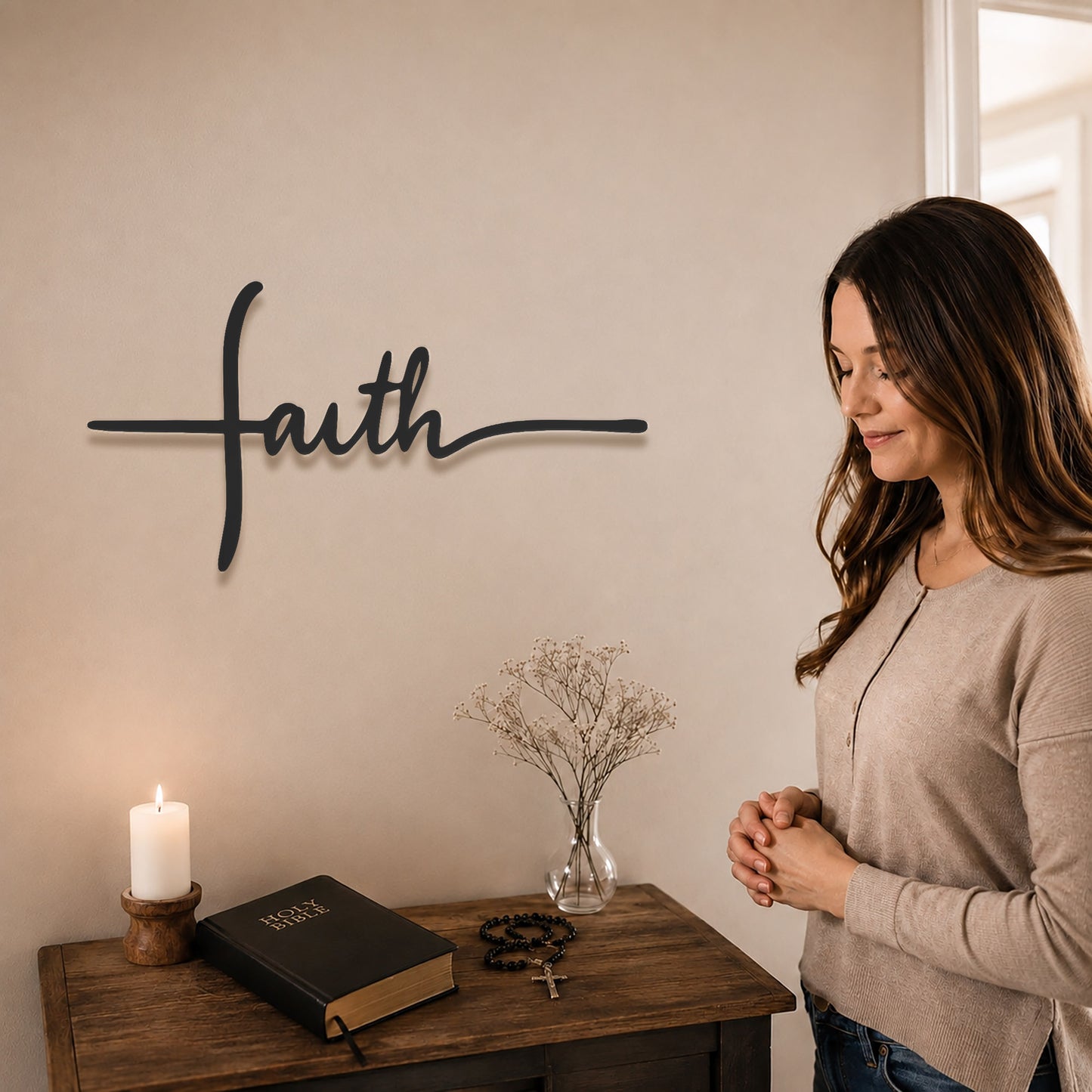 Faith Cross Script Metal Wall Art – Christian Metal Wall Decor Sign