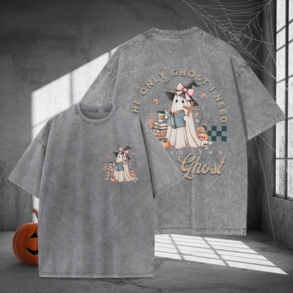 The Only Ghost I Need Is The Ghost Bookworm Halloween Washed 100% Cotton Two Sides T-Shirt Cozy Reading Tee
